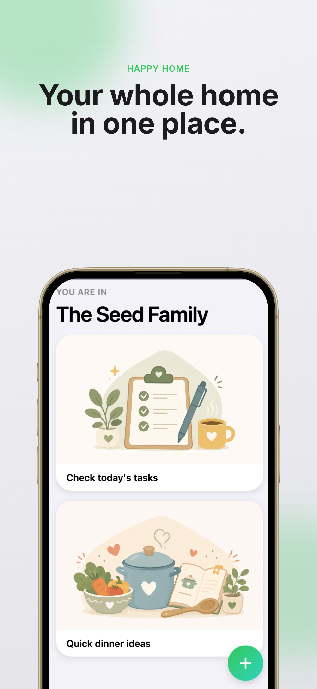 Happy Home tasks screen showing shared household to-dos with priorities and assignees